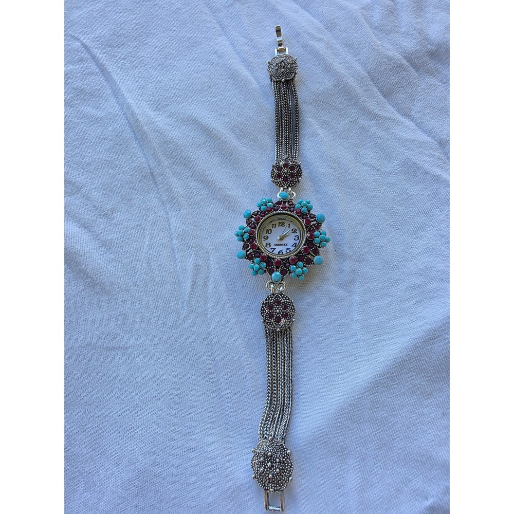Turquoise Red Beaded Quartz Watch Silver Tone Chain Bracelet Women's